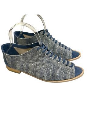 Bhava 100% Vegan Lace Up Peep Toe Flats Blue Cream SZ 7